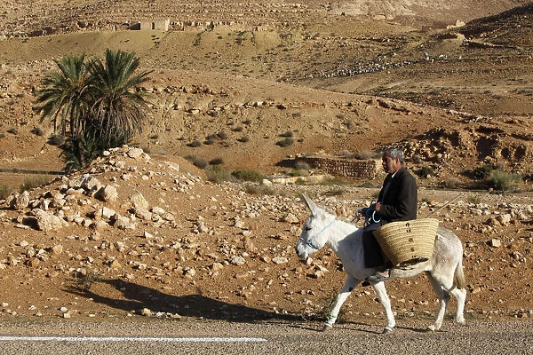 Man traveling on a donkey, Douirette, Tataouine, Tunisia, North Africa, Africa