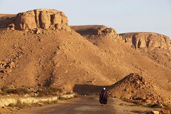 Man walking on the Chenini village road, Tunisia, North Africa, Africa