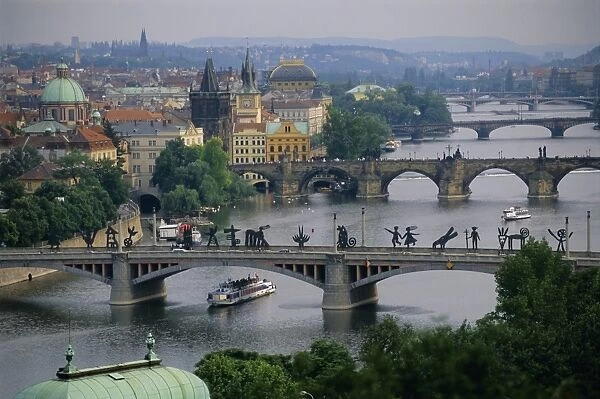 Manesuv Bridge with modern sculpture over the Vltava River, Prague, Czech Republic