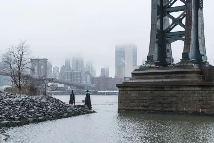 Framed Print : Manhattan Bridge on a cold foggy day, Brooklyn Bridge and skyline beyond, New York City Framed Print : Manhattan Bridge on a cold foggy day, Brooklyn Bridge and skyline beyond, New York City