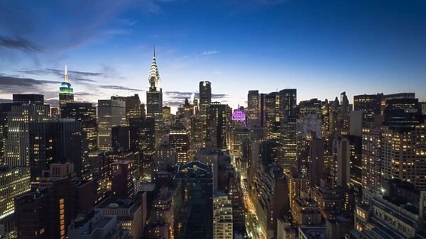 Manhattan skyline with the Chrysler Building and Empire State Building at dusk, New York, United States of America, North America