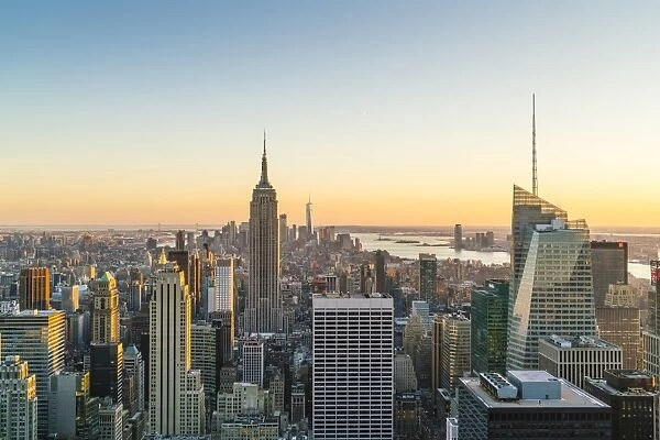 Manhattan skyline and Empire State Building, sunset, New York City, United States of America