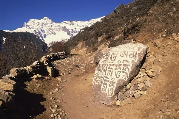 Mani stones printed with Tibetan prayers beside a track