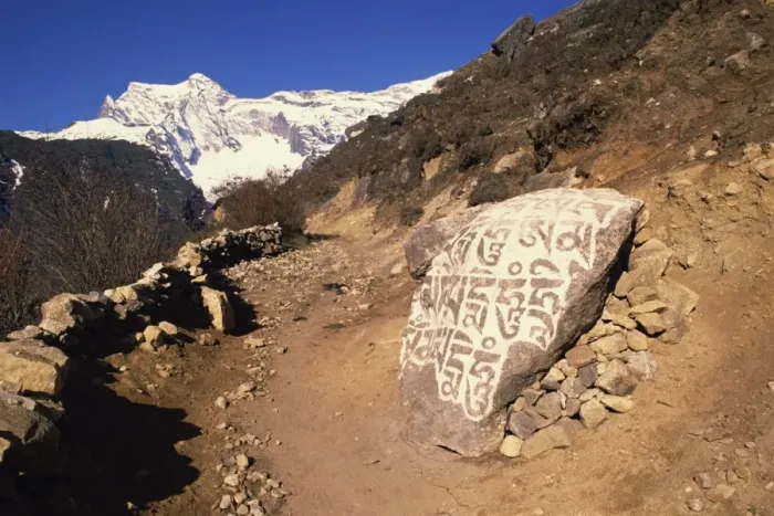 Framed Print : Mani stones printed with Tibetan prayers beside a track Framed Print : Mani stones printed with Tibetan prayers beside a track