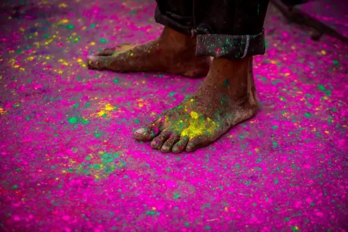 Framed Print : Mans bare feet during the color pigment throwing festival, Holi Festival, Vrindavan Framed Print : Mans bare feet during the color pigment throwing festival, Holi Festival, Vrindavan
