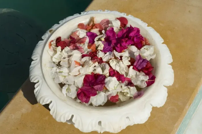 Framed Print : Marble bowl with floating flowers