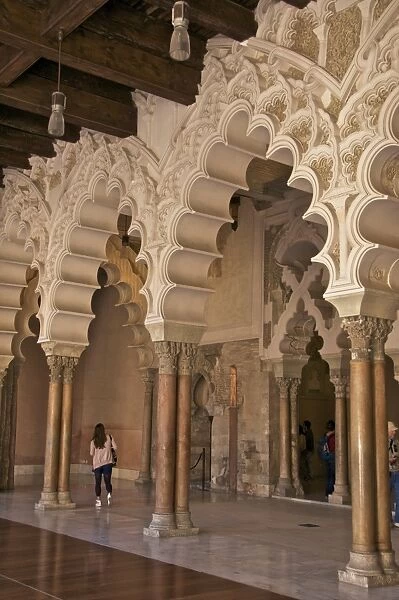 Marble columns and typical polylobe arches inside the Aljaferia palace dating from the 11th century, Saragossa (Zaragoza), Aragon, Spain, Europe