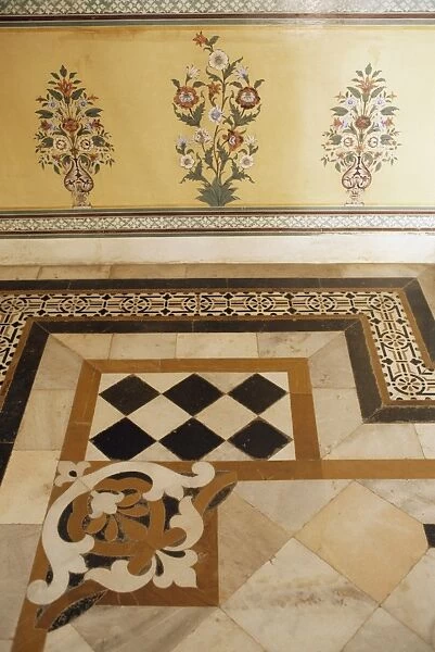 Detail of marble inlaid floors and painted walls