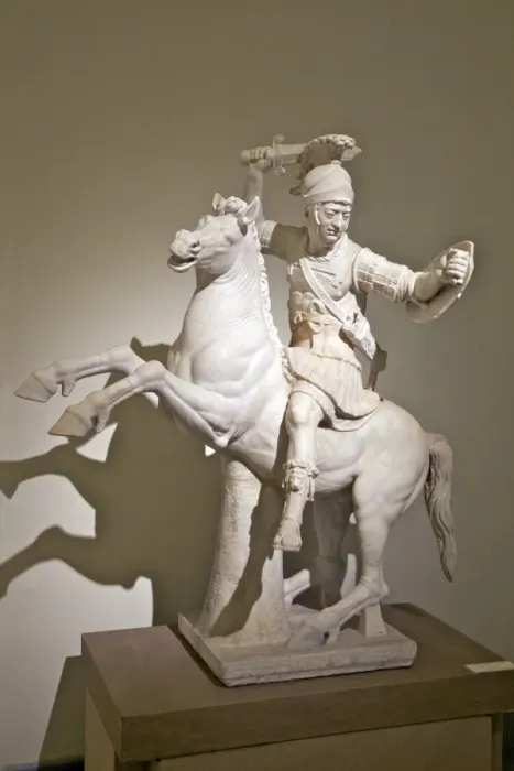 Framed Print : Marble sculpture of a warrior on horseback dating from the 2nd century AD Framed Print : Marble sculpture of a warrior on horseback dating from the 2nd century AD