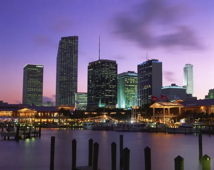 Framed Print : Marina and city skyline at dusk, Miami, Florida, United States of America, North America Framed Print : Marina and city skyline at dusk, Miami, Florida, United States of America, North America