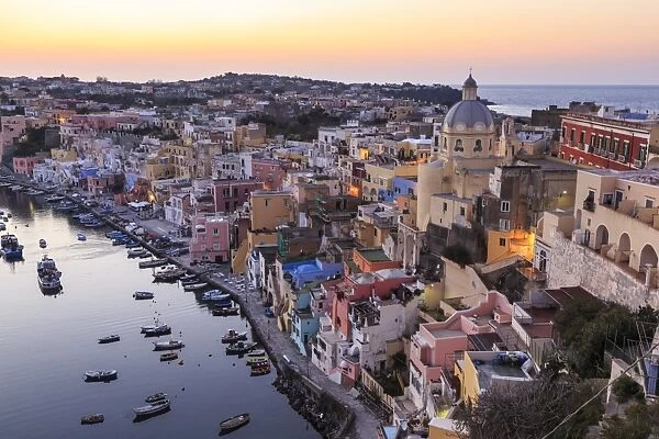 Marina Corricella, blue hour after sunset, fishing village, colourful houses, boats and church