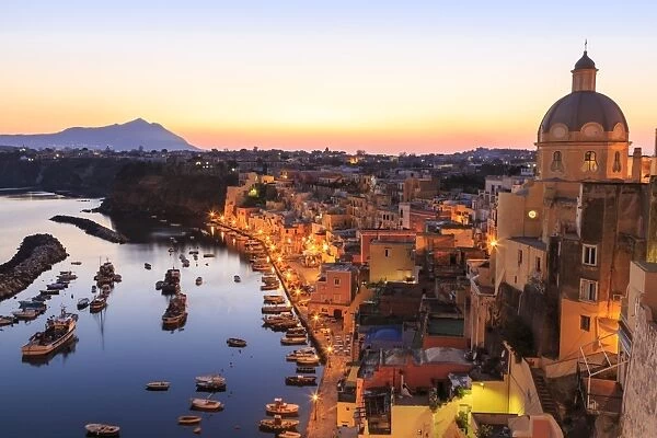 Marina Corricella, blue hour after sunset, fishing village, colourful houses, boats and church