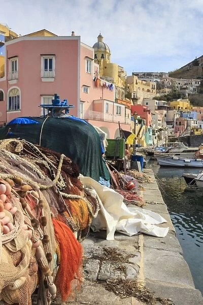 Marina Corricella, pretty fishing village, colourful fishermens houses, and fishing nets
