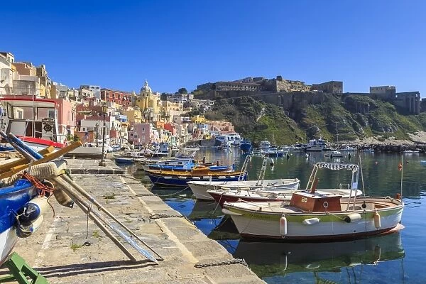 Marina Corricella, pretty fishing village, colourful fishermens houses, boats and nets
