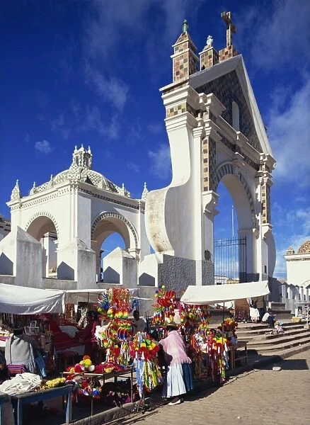Market stalls before the entrance to the Cathedral, Copacabana, Bolivia, South America