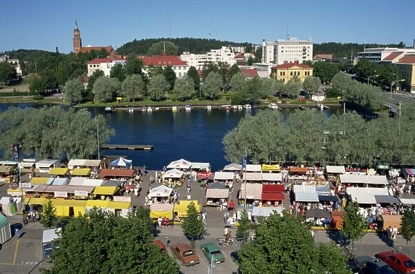 Market stalls around the harbour in the town of Savonlinna, Finland, Scandinavia, Europe