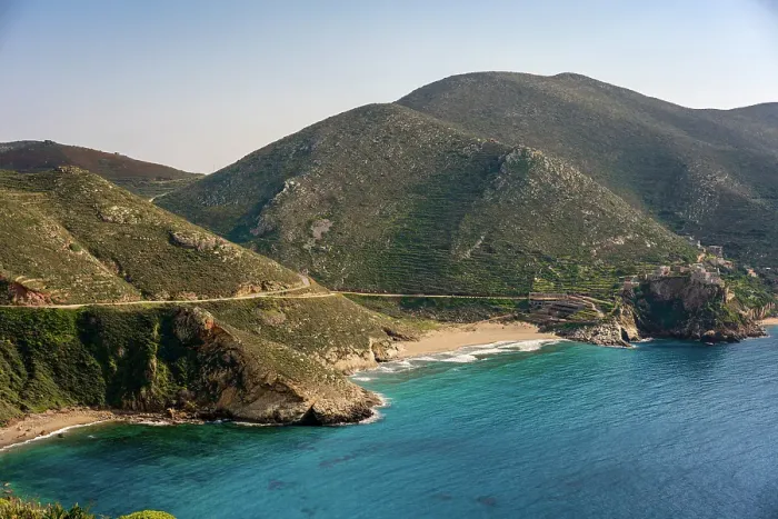Framed Print : Marmari beach with turquoise sea water in Mani Peninsula, Peloponnese, Greece Framed Print : Marmari beach with turquoise sea water in Mani Peninsula, Peloponnese, Greece