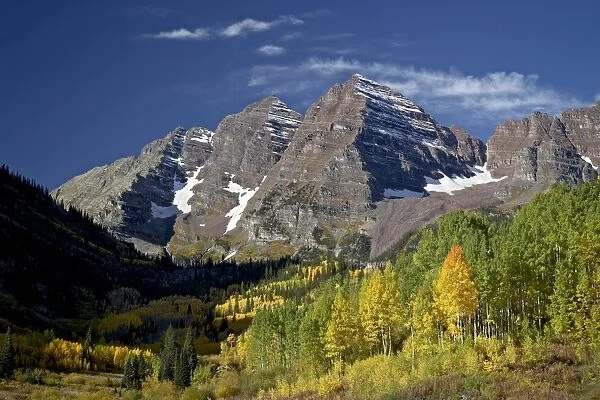 Maroon Bells with fall color, White River National Forest, Colorado, United States of America