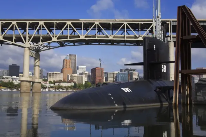 Framed Print : Marquam Bridge over the Willamette River and the US Submarine Blueback at the OMSI Museum