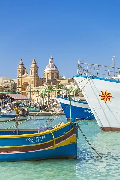 Marsaxlokk Harbour, Our Lady of Pompeii Church and traditional fishing boats, Marsaxlokk, Malta, Mediterranean, Europe