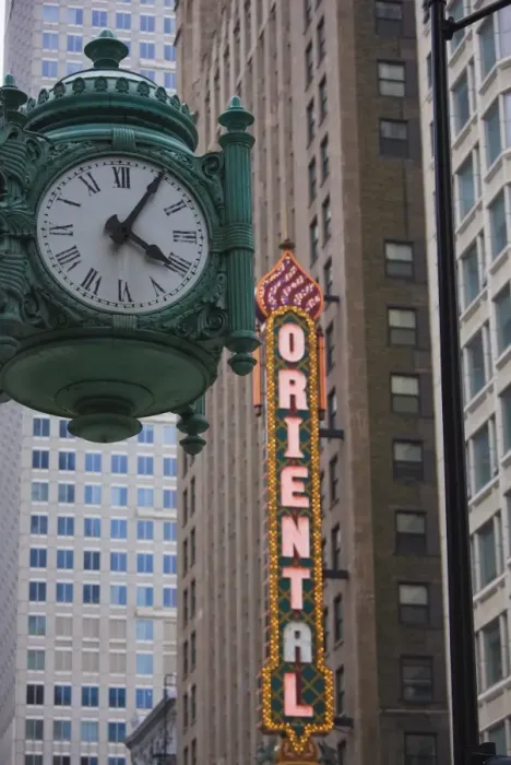 Framed Print : Marshall Field Building Clock and Oriental Theatre sign, Theatre District Framed Print : Marshall Field Building Clock and Oriental Theatre sign, Theatre District