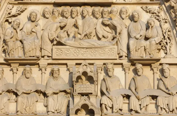 Framed Print : Mary on her deathbed surrounded by Jesus and the apostles, Virgins Gate, west front Framed Print : Mary on her deathbed surrounded by Jesus and the apostles, Virgins Gate, west front