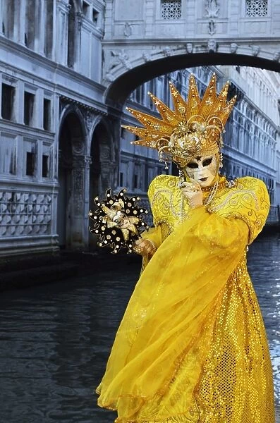 Masked figure in costume at the 2012 Carnival, with Ponte di Sospiri in the background, Venice, Veneto, Italy, Europe