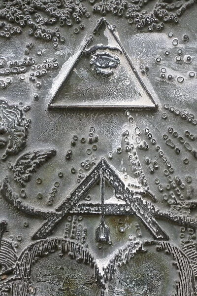 Masonic symbols of angle bracket and delta at the Human Right Monument in the Paris Champ