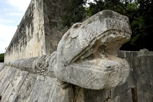 Massive stone carving of snake head, Chichen Itza, UNESCO World Heritage Site