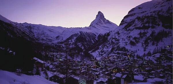Matterhorn Mountain and Town at Twilight, Zermatt, Switzerland