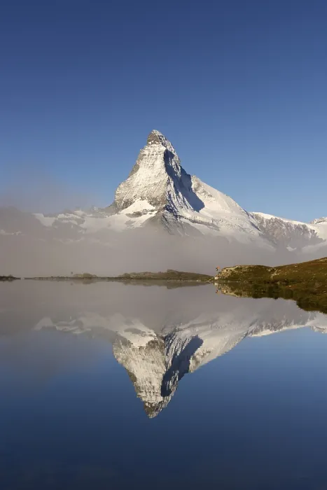 Framed Print : Matterhorn reflected in Lake Stellisee, with fog, Valais Alps, Canton of Valais, Switzerland