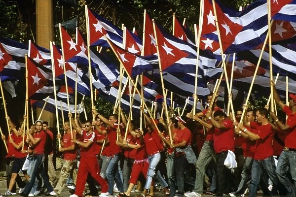May Day marchers with Cuban flags, Plaza de la Revolucion, Havana, Cuba