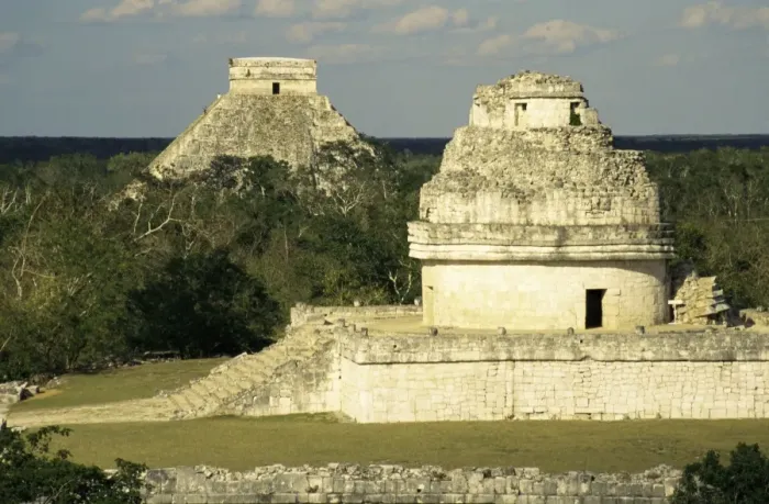 Framed Print : Mayan observatory (El Caracol) and the Great Pyramid (El Castillo) beyond Framed Print : Mayan observatory (El Caracol) and the Great Pyramid (El Castillo) beyond