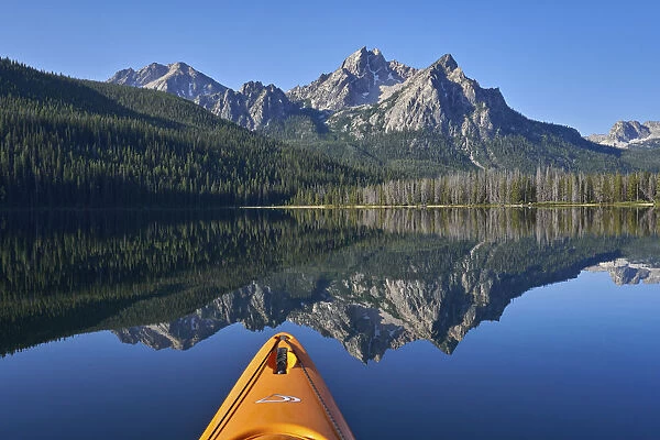 McGown Peak reflected in Stanley Lake while kayaking, Sawtooth National Recreation Area