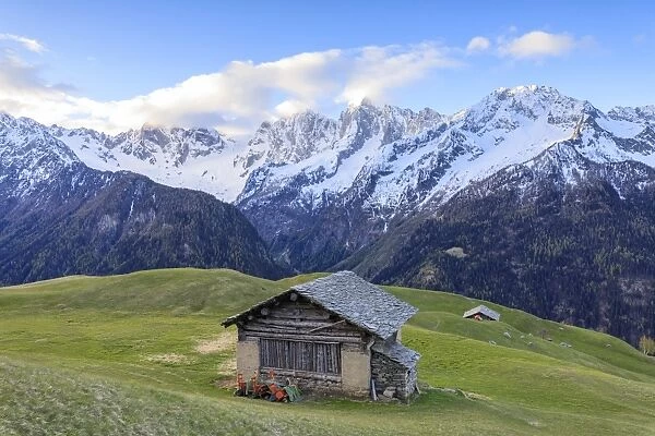 Meadows and wooden huts framed by snowy peaks at dawn, Tombal, Soglio, Bregaglia Valley
