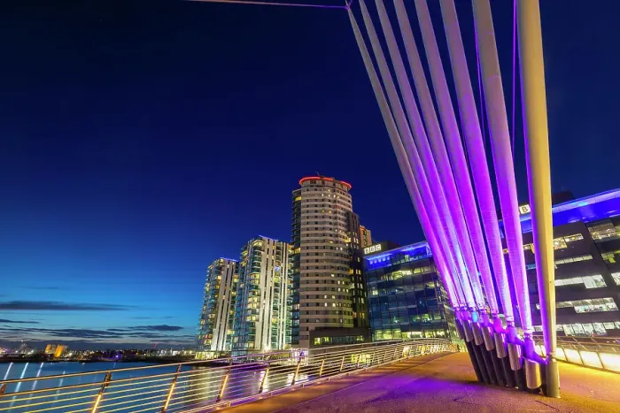 Framed Print : Media City footbridge at dusk, Media City UK, Salford Quays, Greater Manchester, England, United Kingdom, Europe Framed Print : Media City footbridge at dusk, Media City UK, Salford Quays, Greater Manchester, England, United Kingdom, Europe