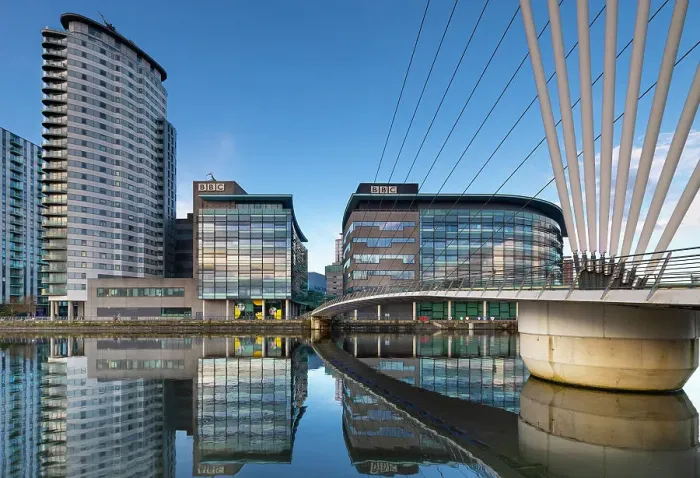 Framed Print : Media City footbridge, Media City UK, Salford Quays, Greater Manchester, England, United Kingdom, Europe