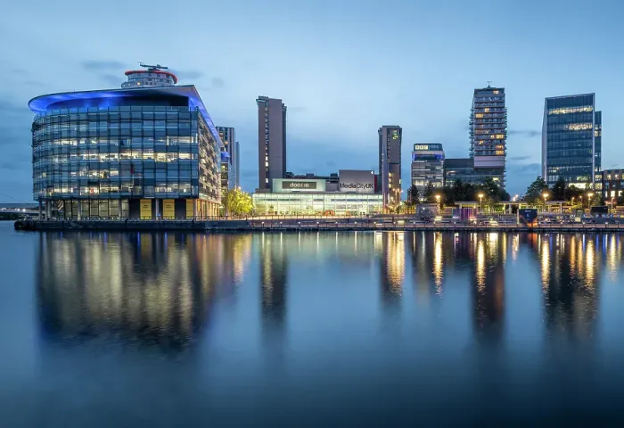 Framed Print : Media City, at twilight, Salford Quays, Manchester, Lancashire, England, United Kingdom Framed Print : Media City, at twilight, Salford Quays, Manchester, Lancashire, England, United Kingdom