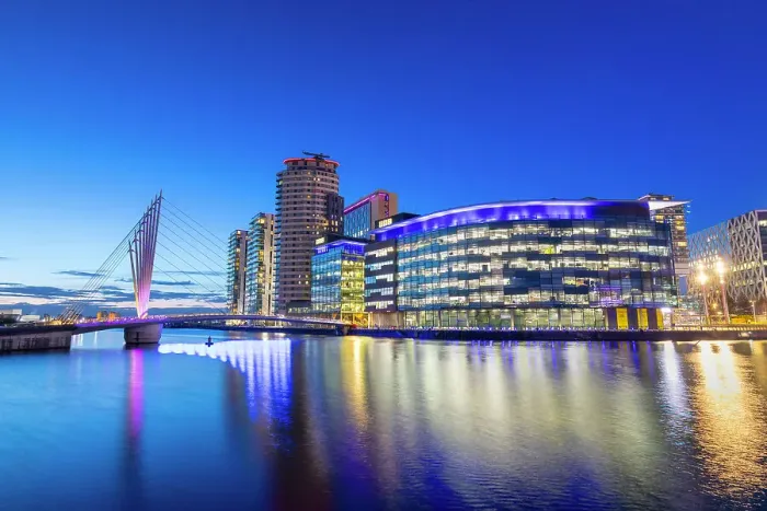 Framed Print : Media City UK at dusk, footbridge, BBC Studios, Salford Quays, Greater Manchester, England, United Kingdom, Europe