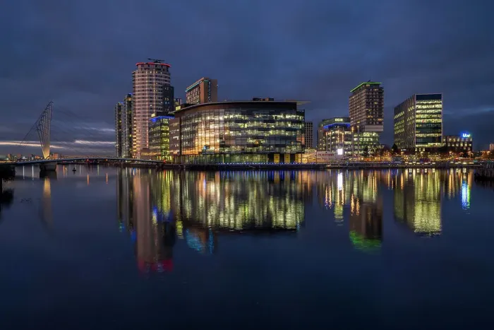 Framed Print : MediaCity at night, Salford Quays, Manchester, England, United Kingdom, Europe Framed Print : MediaCity at night, Salford Quays, Manchester, England, United Kingdom, Europe
