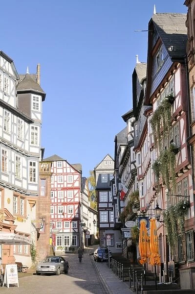 Medieval buildings on Mainzer street viewed from the Market square, Marburg, Hesse, Germany, Europe