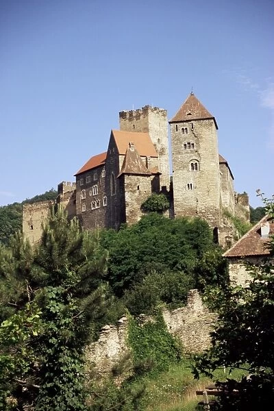 Medieval burg (castle) above River Thaya and forests of Czech border, Hardegg