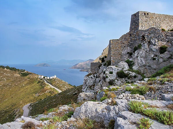 Medieval Castle and Windmills of Pandeli, Leros Island, Dodecanese, Greek Islands, Greece, Europe