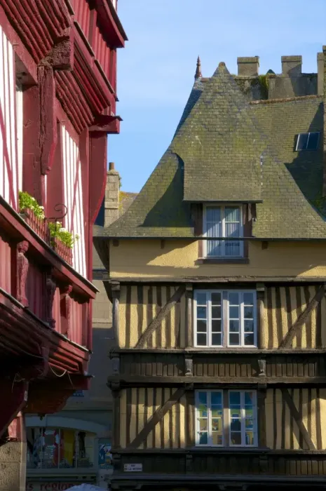 Framed Print : Medieval corbelled and half timbered mansions, in cobbled street, Old Town, Dinan, Brittany, Cotes d Armor, France, Europe Framed Print : Medieval corbelled and half timbered mansions, in cobbled street, Old Town, Dinan, Brittany, Cotes d Armor, France, Europe