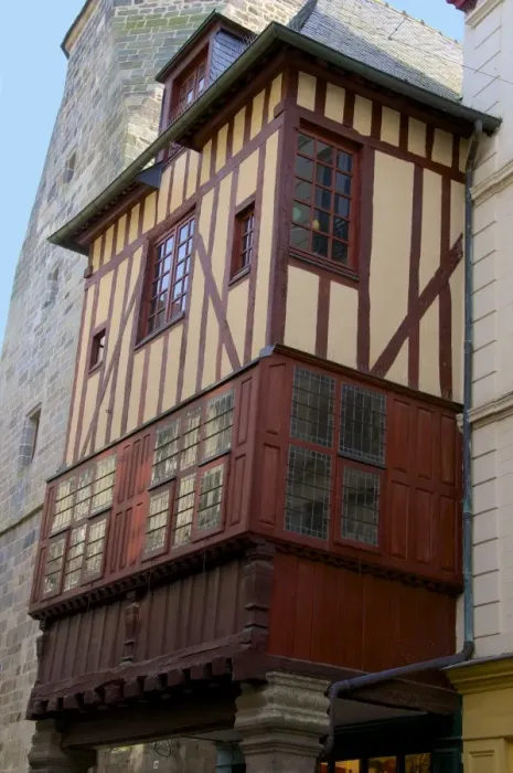 Framed Print : Medieval corbelled and half timbered mansions in cobbled street, Old Town, Dinan, Brittany, Cotes d Armor, France, Europe