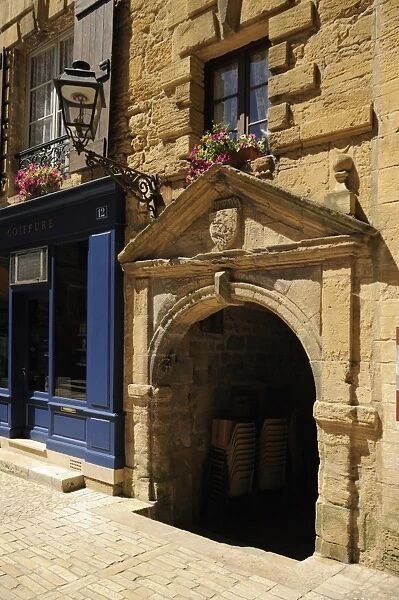 Medieval doorway in the old town, Sarlat, Sarlat le Caneda, Dordogne, France, Europe