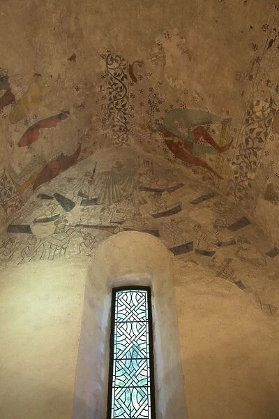 Medieval frescoes in the Fishermans Chapel, St. Brelades Bay, Jersey, Channel Islands, Europe