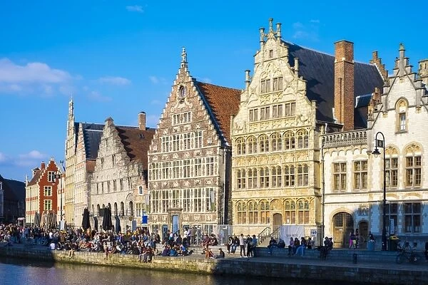 Medieval guild houses on Graslei and the Leie River, Ghent, Flanders, Belgium, Europe