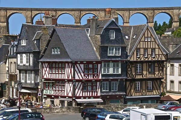 Medieval half timbered houses, with viaduct in the background, old town, Morlaix, Finistere, Brittany, France, Europe