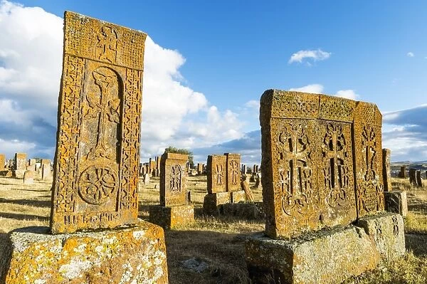 Medieval Khachkars carved memorial stele, Noratus cemetery, Sevan Lake, Gegharkunik province
